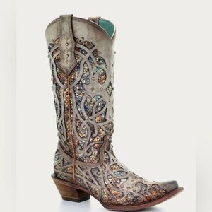 Stunning Corral Tan, Brown & Teal Sparkle Western Boots sz 9